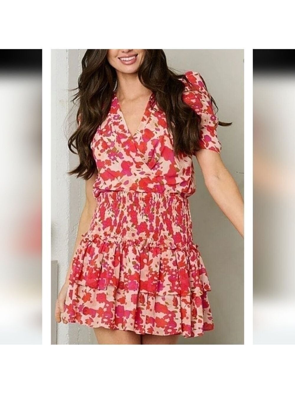 TCEC Orange Red Fuchsia Floral Drop Waist Ruffle Dress Large